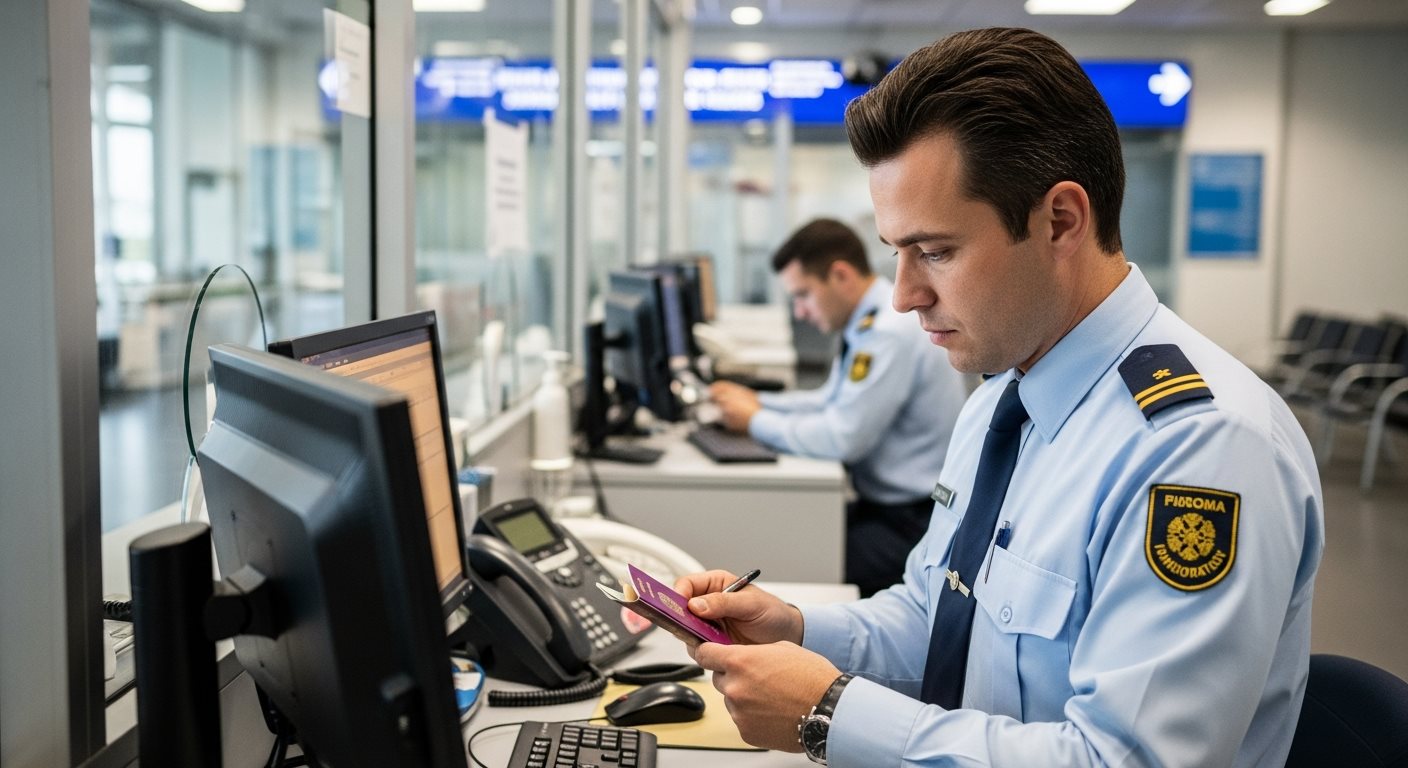 Uganda immigration officer checking passport